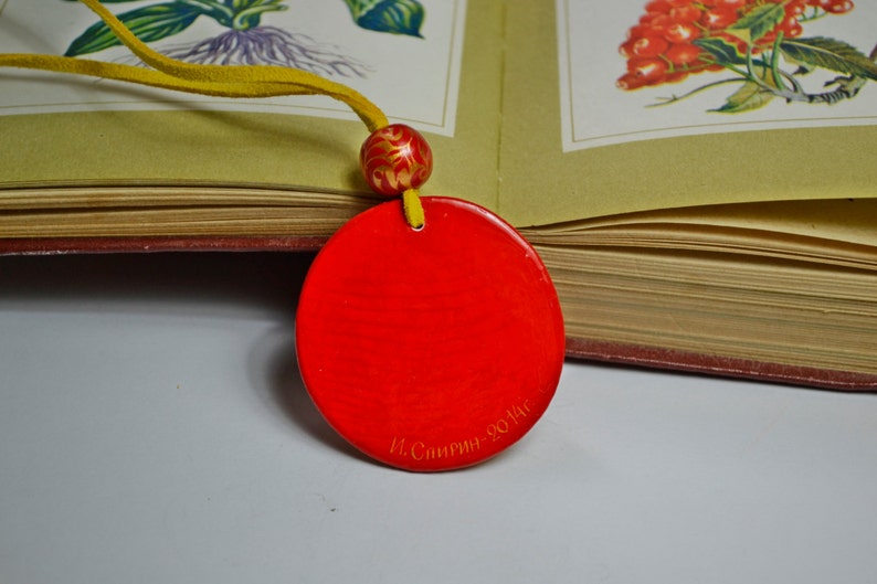 Hand painted Pendant Wooden Necklace Russian folk style Khokhloma painting.Made to order.