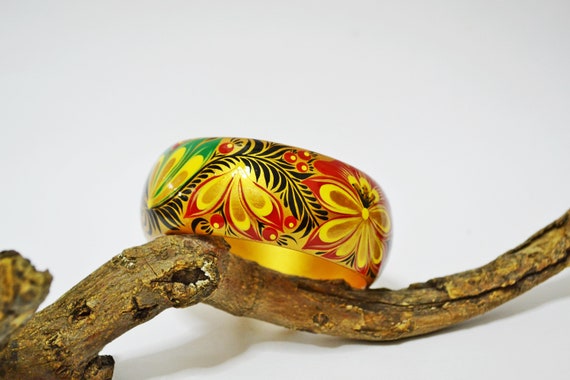 Hand painted Bracelet Wooden Bracelet Russian folk style Wooden Bangle .Made to Order.