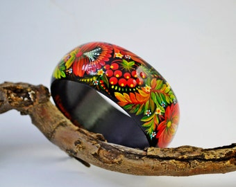 Bracelet Hand Painted Wooden Bangle Painted Ukrainian Folk Style
