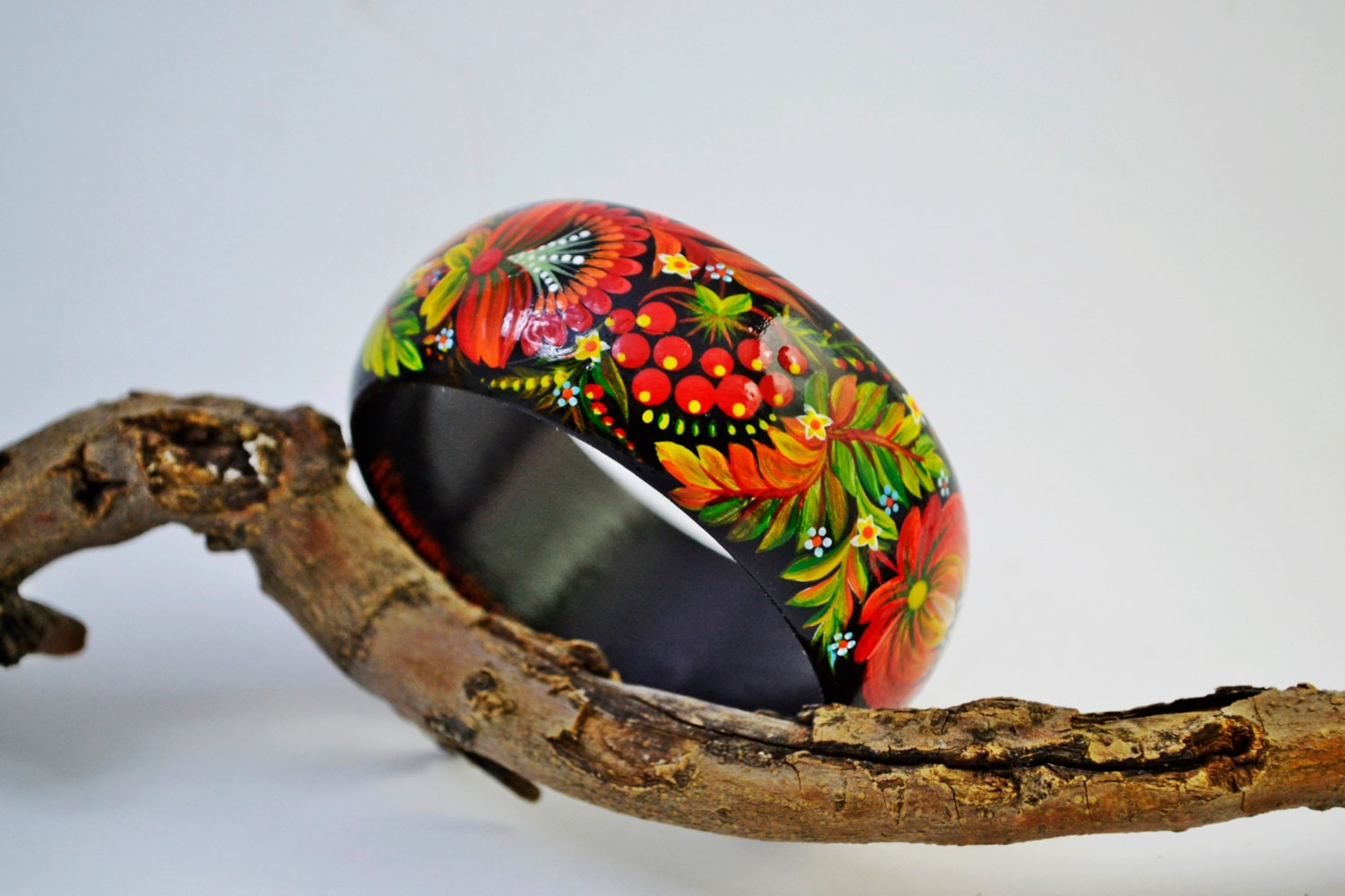 Bracelet Hand Painted Wooden Bangle Painted Ukrainian Folk Style