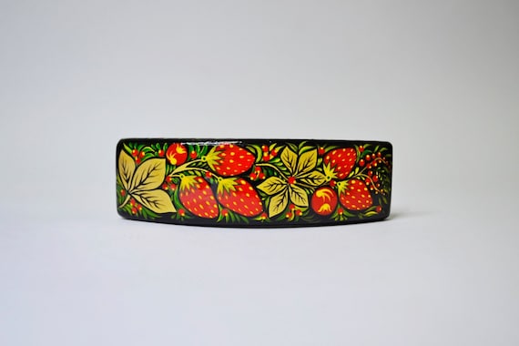 Vintage Russian Lacquer Hand painted Floral Yellow Orange Red Barrette Hair Clip Vintage Russian Lacquer Hand painted Floral Yellow Orange  main image 3