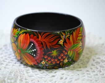 Handmade Floral Bangle • Ukrainian Petrykivka Wood Bracelet • S131