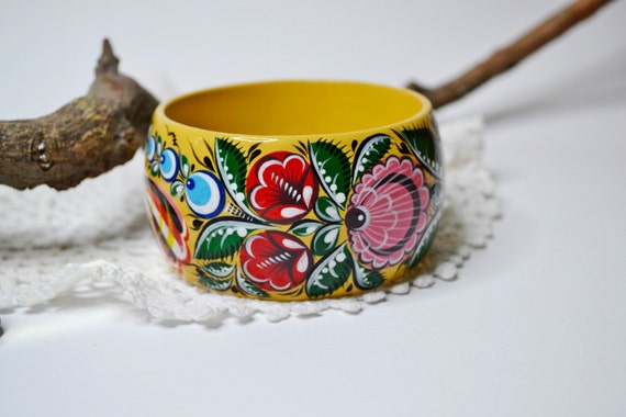 Buy Bracelet Hand Painted Wooden Bangle Russian Folk Style