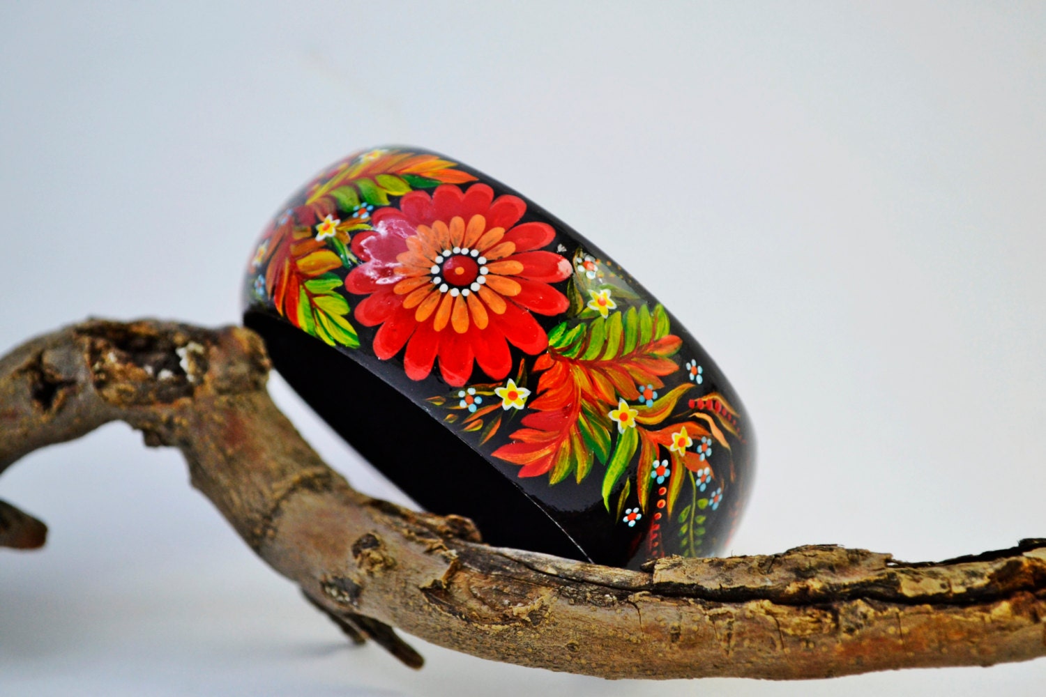 Bracelet Hand Painted Wooden Bangle Painted Ukrainian Folk Style