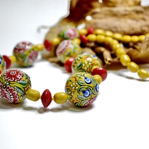 Necklace Wooden Hand painted  Beaded Handmade Russian folk style Gorodets painting. Made to order.