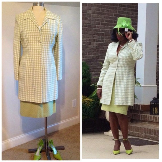 2p Green and Cream Houndstooth Skirt Suit