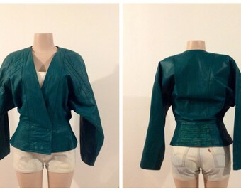 Oversized Sleeve Green Leather Jacket, Suede Detail