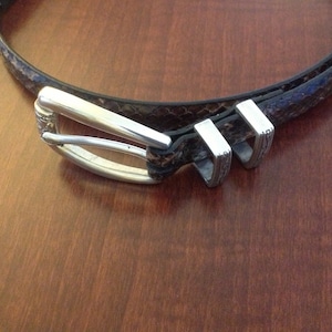 Może przedstawiać: Brązowy skórzany pasek ze srebrną klamrą i dwoma srebrnymi pętlami. Pasek ma wzór skóry węża.