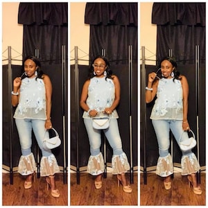 Fun- fashion Up-cycled outfit jeans bellbottom flare and swing-top