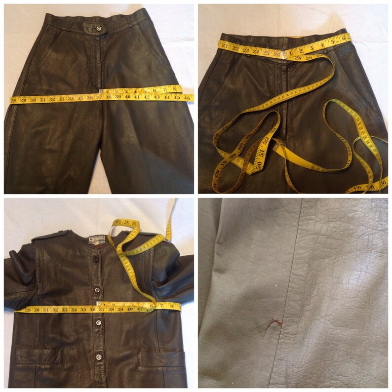 Pu&ograve; includere: Una giacca di pelle marrone con chiusura a bottone e un nastro di misurazione giallo attorno. La giacca &egrave; stesa su una superficie piana. Il nastro misura 76 cm di larghezza sul retro della giacca.