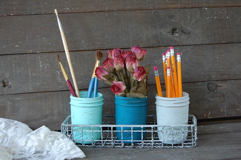 Desk Decor Shabby Chic Mason Jar Basket Hand Painted Desk Etsy