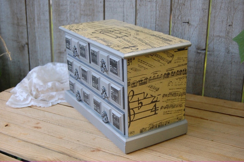 Music Box Organizer Upcycled Decoupage Black Storage Silver Jewelry Chest Shabby Chic Speak Softly Love Farmhouse Jewelry Box