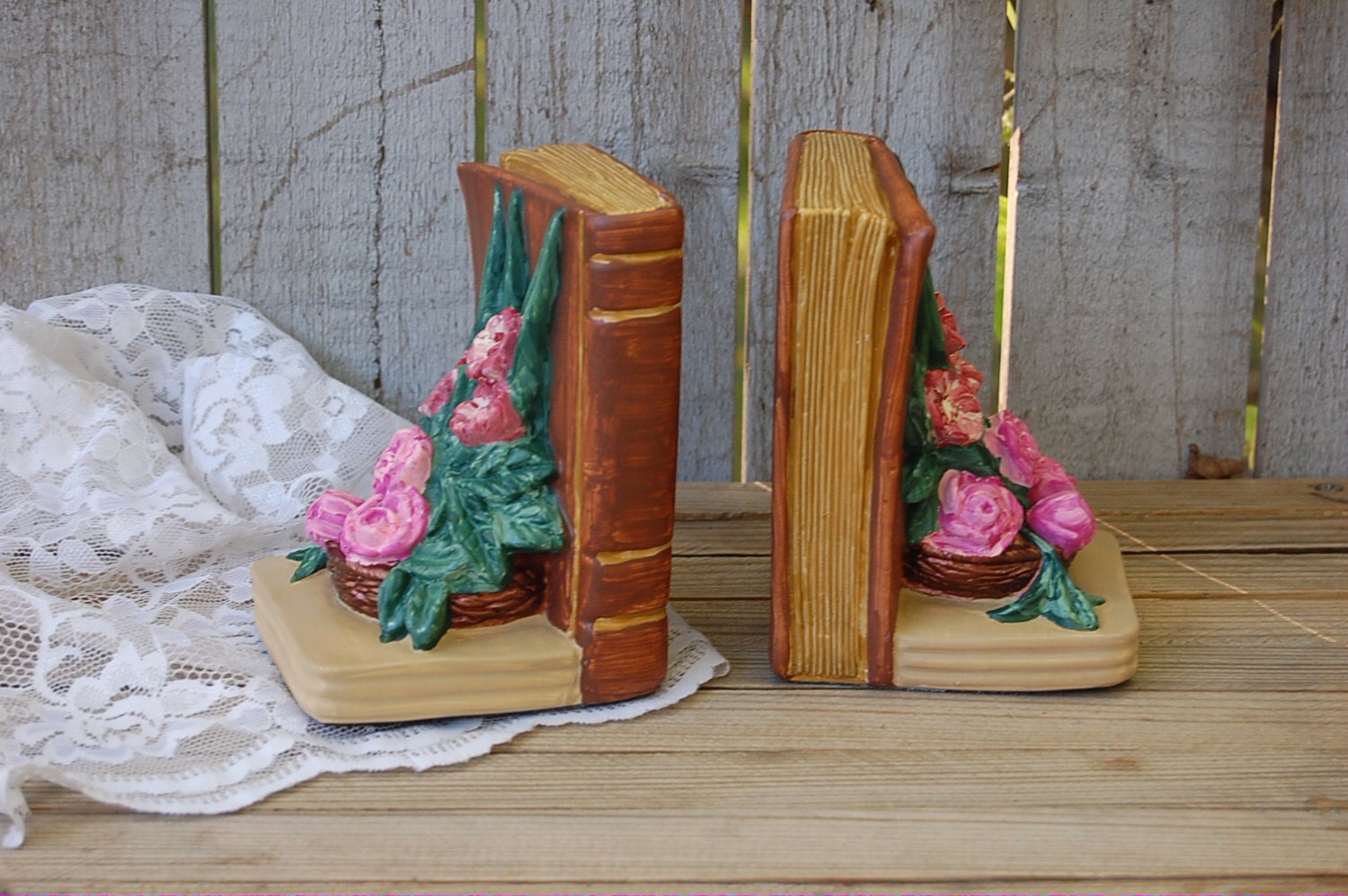 Bookends Hand Painted Upcycled Vintage Roses Pink Books Etsy