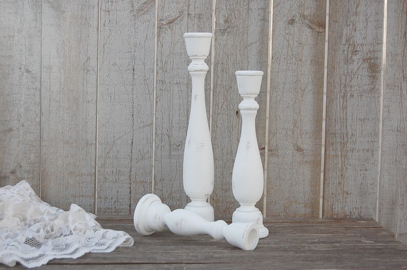 Candlesticks Shabby Chic Painted Wood Hand White Image 0