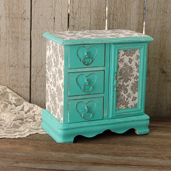 Jewelry Box, Jewelry Armoire, Shabby Chic, Tiffany Blue, Aqua, Grey, Hand Painted, Decoupage, Distressed