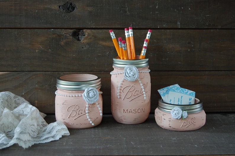 Desk Set Teacher Gift Dorm Decor Mason Jar Dusty Rose Etsy