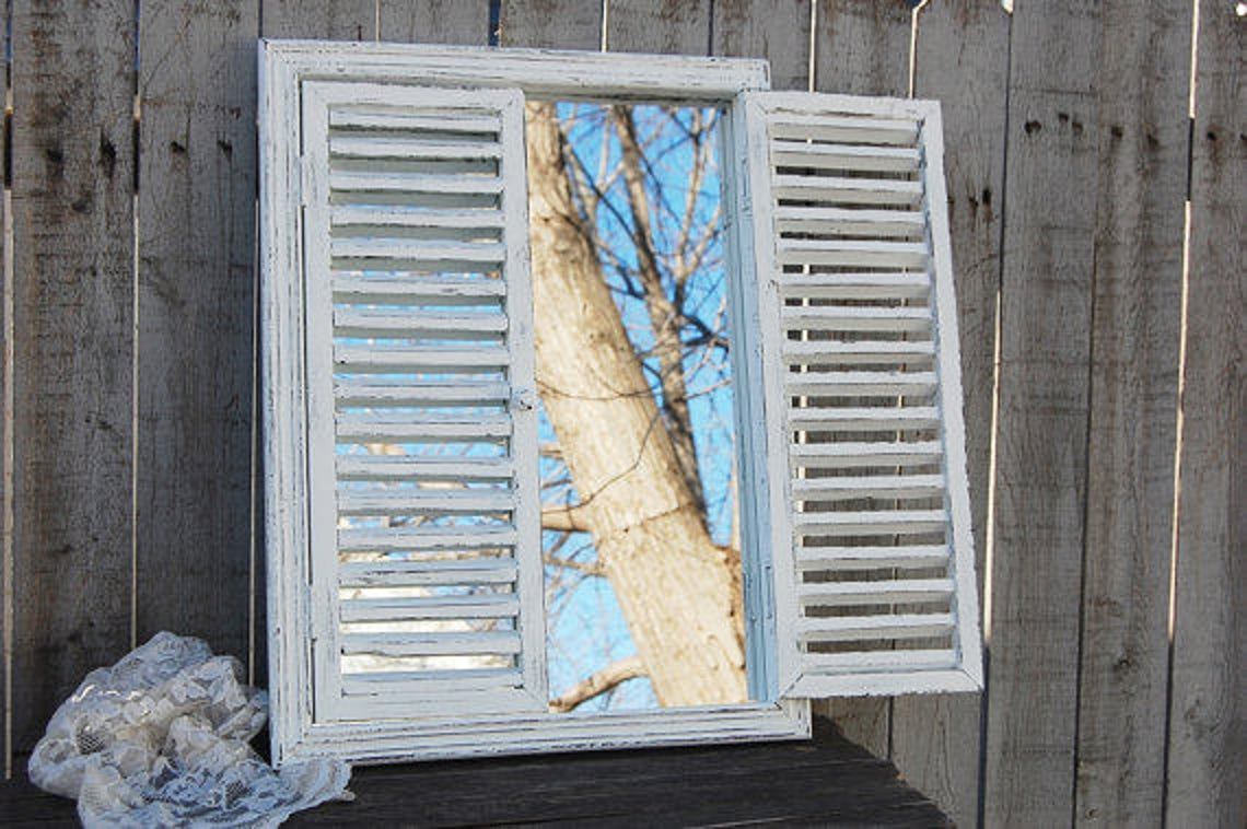 Mirror Shutters Wood Window White Hand Painted Shabby Chic Cottage Rustic Hanging Wall Wedding Beach Decor Custom Color