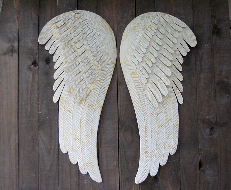 Large Angel Wings Wall Decor Shabby Chic Ivory Gold Metal Rustic Hand Painted Boho Wedding Nursery