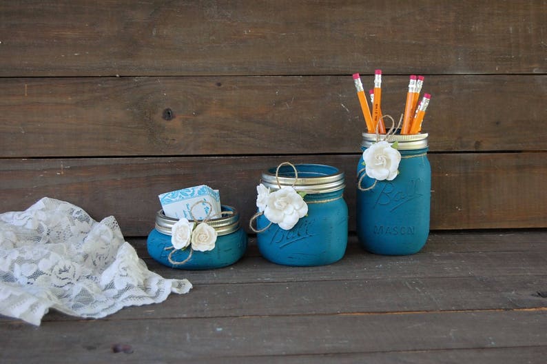 Desk Set Teal Ivory Desk Accessories Dorm Decor Mason Etsy