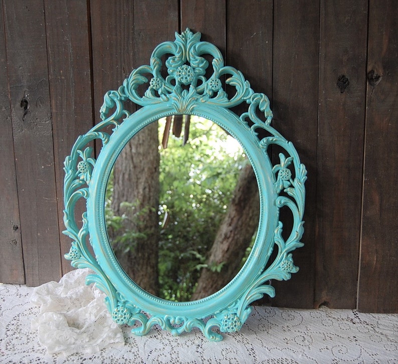 Shabby Chic Mirror Aqua Gold Hanging Wall Ornate Wedding Oval Painted Baroque Hollywood Regency