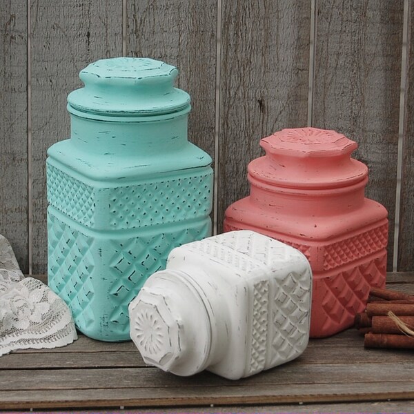 Canister Set, Shabby Chic, Mint Green, Coral, White, Glass, Painted, Distressed, Pressed Glass, Canisters, Kitchen Orginization, Storage Jar