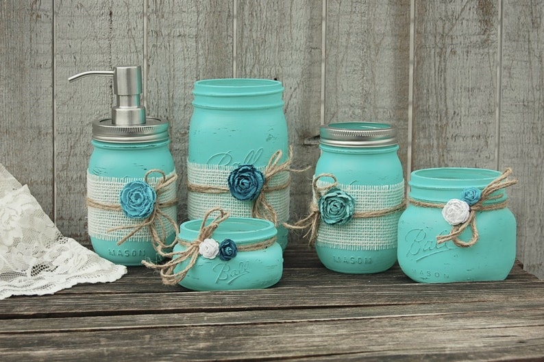 Weckglas Seifenpumpe, Türkis, blau, Set, rustikal, Bad Gläser, schäbiges Chic, Seife Spender, 5 teiliges Set, Sackleinen, beunruhigt, Strand Dekor Weckglas Seifenpumpe, Türkis, blau, Set, rustikal, Bad Gläser, schäbiges Chic, Seife Spender, 5 teiliges Set, Sackleinen, beunruhigt, Strand Dekor