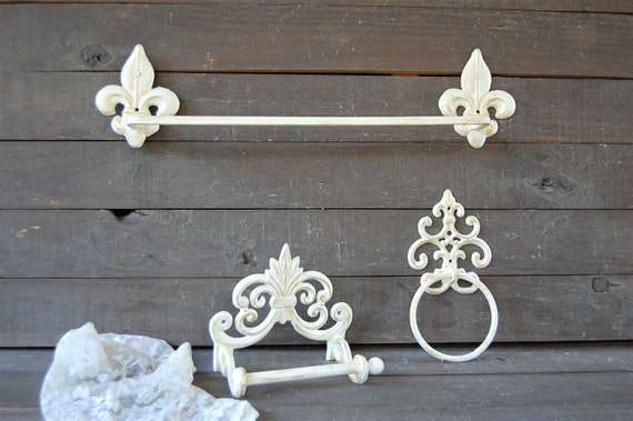 8 Euro Bath Accessory Set Cast Iron Fleur De Lis Towel Rack Toilet Paper Set