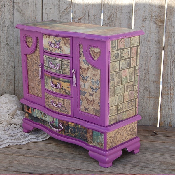 Jewelry Box, Shabby Chic, Jewelry Armoire, Radiant Orchid, Purple, Decoupage, Upcycled, Distressed