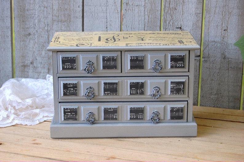 Music Box Organizer Upcycled Decoupage Black Storage Silver Jewelry Chest Shabby Chic Speak Softly Love Farmhouse Jewelry Box
