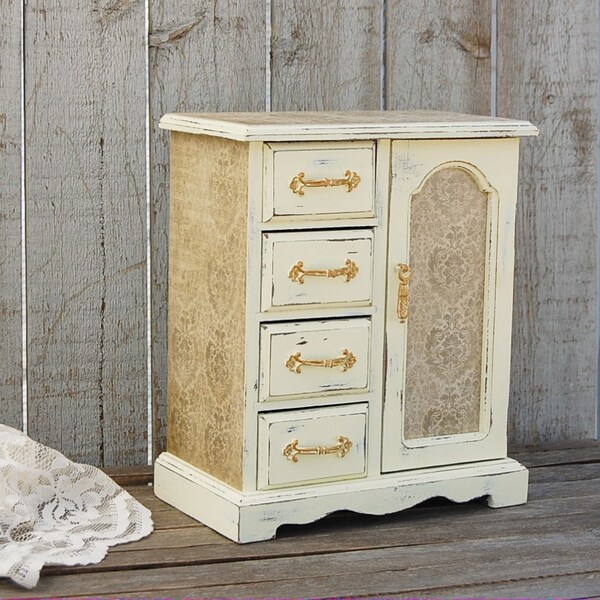 Jewelry Box, Jewelry Armoire, Shabby Chic, French, Ivory, Chocolate Brown, Damask, Decoupage, Upcycled, Hand Painted, Wood