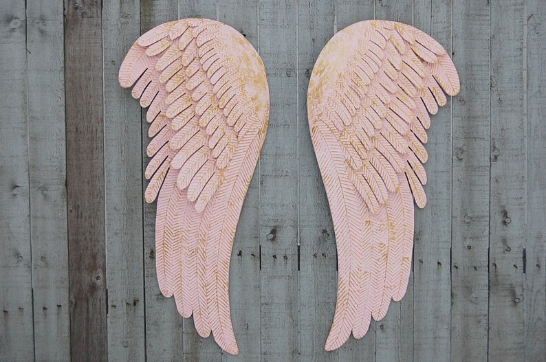 Shabby Chic Wall Decor Angel Wings Large Pink Gold Metal Art Hand Painted Wedding Nursery Baby Shower Gift