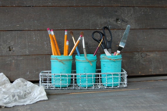 Teacher Gift Desk Decor Shabby Chic Mason Jar Basket Hand Etsy