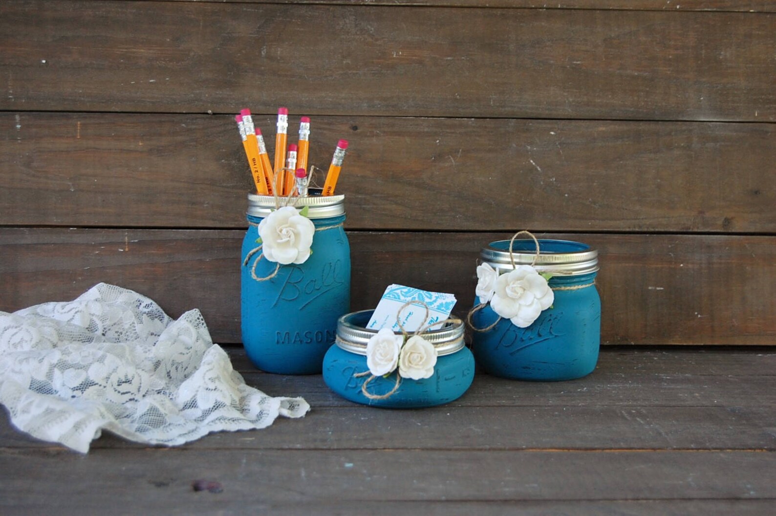 Desk Set Teal Ivory Desk Accessories Dorm Decor Mason Etsy