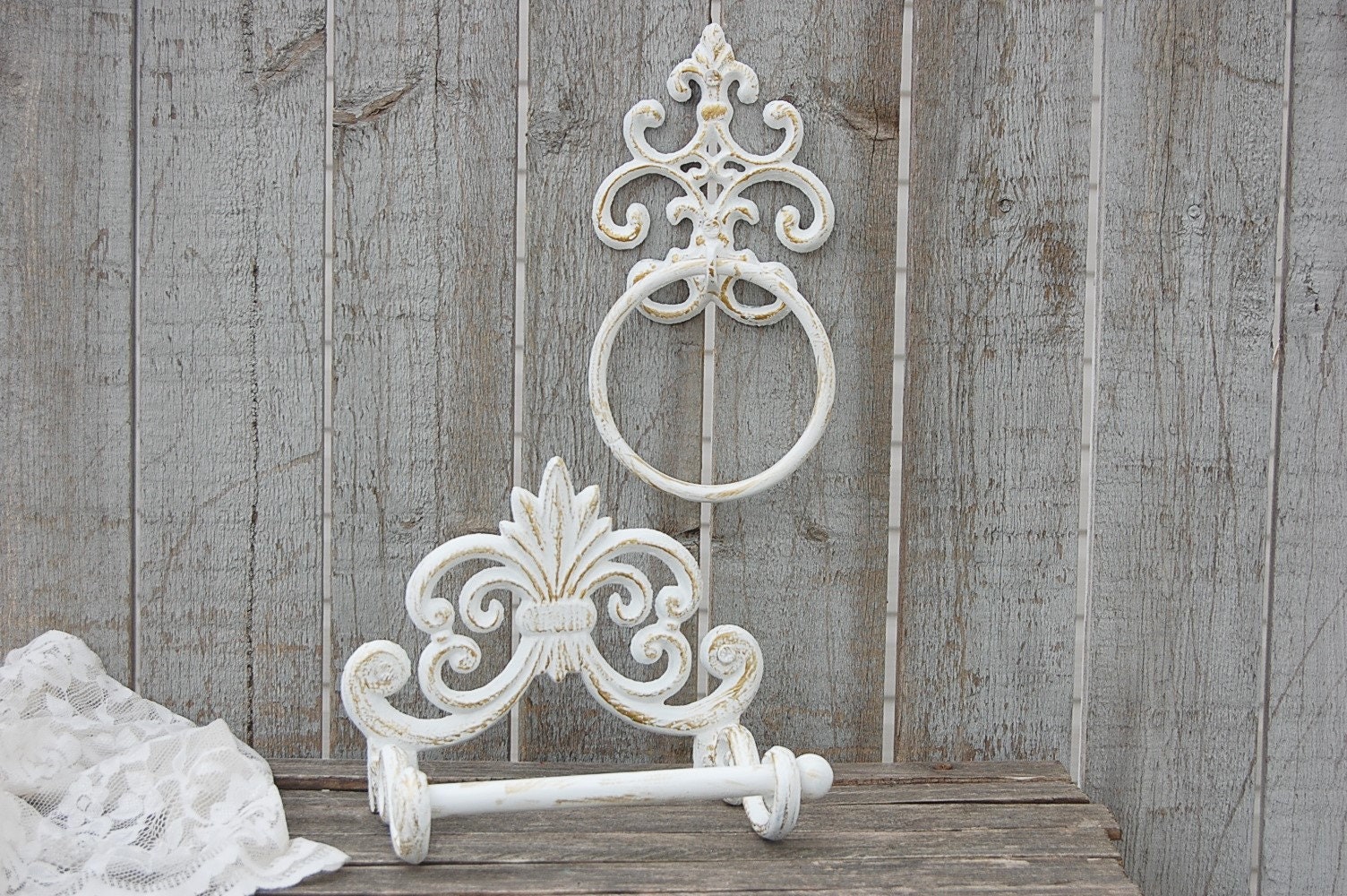 Shabby Chic Toilet Paper Holder Towel Ring Gold White Etsy