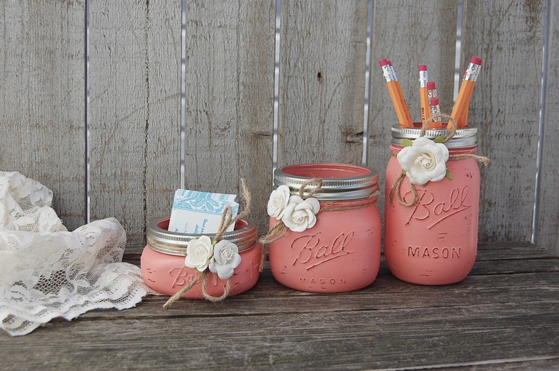 Desk Set Mason Jar C Shabby Chic Pencil Holder Dorm Image 0