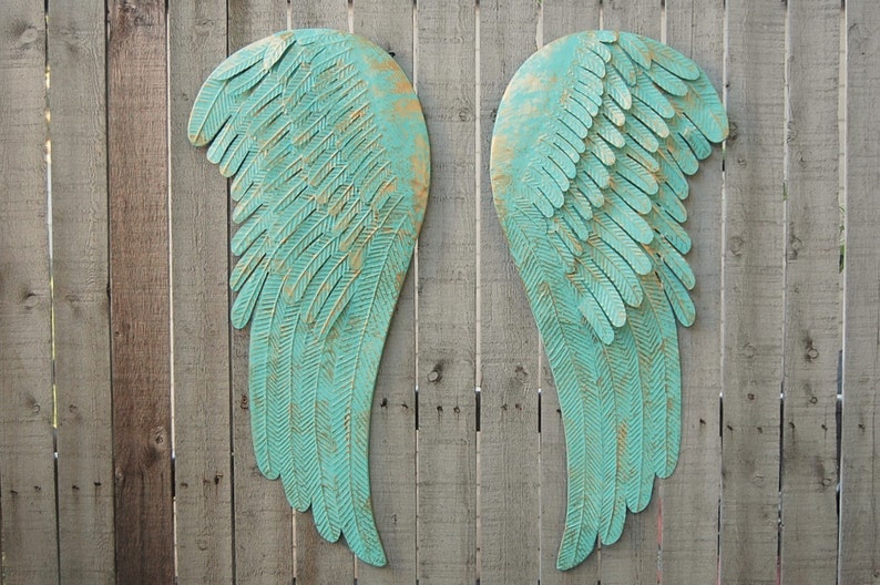 Large Angel Wings Wall Decor Shabby Chic Aqua Gold Metal Rustic Hand Painted Boho Wedding Nursery