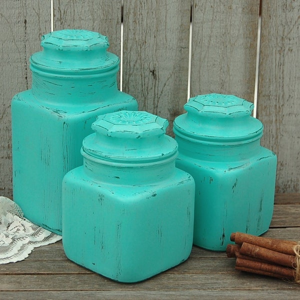 Canister Set, Shabby Chic, Blue, Aqua, Hand Painted, Distressed, Painted Glass, Kitchen Organization