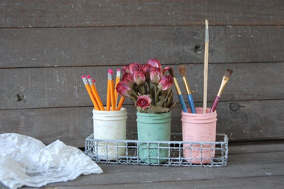 Desk Decor Coworker Gift Shabby Chic Mason Jar Basket Etsy