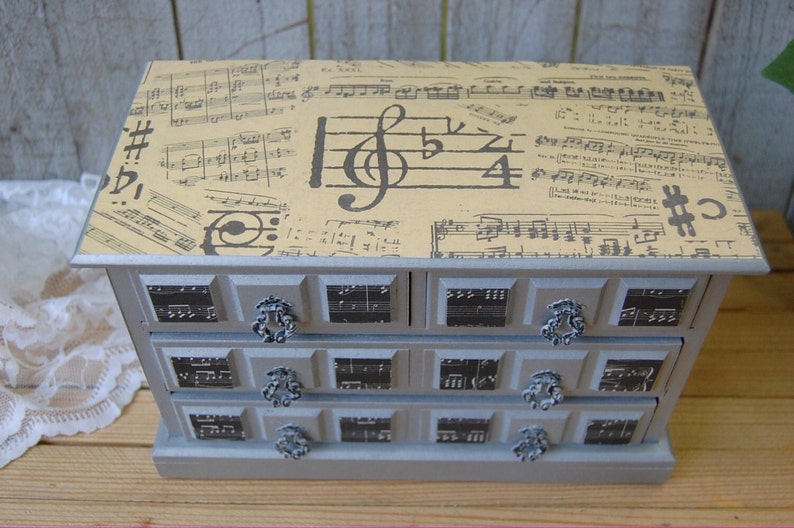 Music Box Organizer Upcycled Decoupage Black Storage Silver Jewelry Chest Shabby Chic Speak Softly Love Farmhouse Jewelry Box
