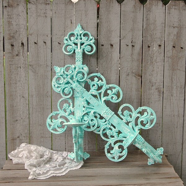 Shabby Chic Candle Wandlampen, Mint, grün, grün, Hochzeit-Dekor, Hollywood Regency, handgemalt, Vintage, Homco, Syroco