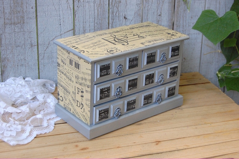 Music Box Organizer Upcycled Decoupage Black Storage Silver Jewelry Chest Shabby Chic Speak Softly Love Farmhouse Jewelry Box