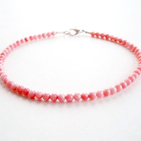 Pink Coral Bracelet - Gemstone Small Bead Bracelet - Sterling Silver Clasp - Stacking Layering - Girls to Plus Sizes