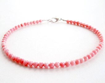 Pink Coral Bracelet - Gemstone Small Bead Bracelet - Sterling Silver Clasp - Stacking Layering - Girls to Plus Sizes