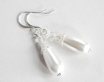 White Pearl Teardrop Earrings with Silver Filigree Accents - Sterling Earwire Available - Hook or Leverback - Wedding Jewelry