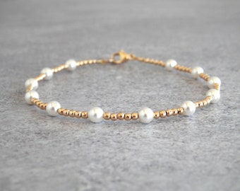 14K gold and pearl bracelet Tiny gold filled beads Crystal pearls Lobster claw clasp Luxury gift for her