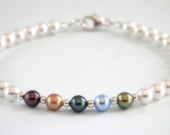 Dainty Pearl Mother's Bracelet with Sterling Silver Accents - Small Crystal Pearl Birthstone - Gift for Moms