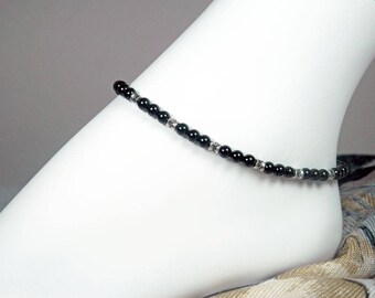 Genuine Black Onyx and Silver Anklet - Black Bead Ankle Bracelet - Girls to Plus Size - 8" - 13"