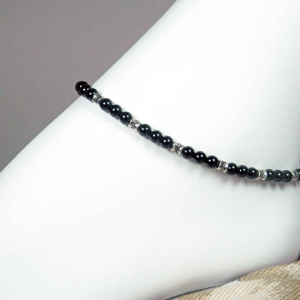 Genuine Black Onyx and Silver Anklet - Black Bead Ankle Bracelet - Girls to Plus Size - 8" - 13"