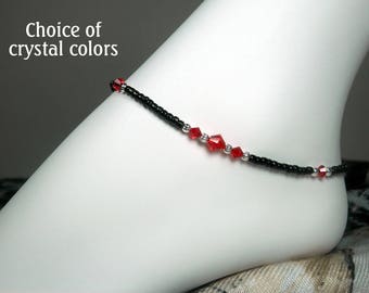 Bracelet de cheville en perles de graines noires avec des accents de cristal et d'argent - Bracelet de cheville en cristal Swarovski - Filles à la taille plus - Bracelet de cheville élégant