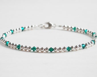 Sterling Silver Birthstone Bracelet with Swarovski Crystal Beads - Dainty Stackable Bracelet - Birthday Gift